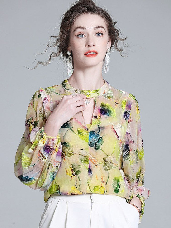 Light Yellow Floral Print Keyhole Neck Long Sleeve Silk Blouse