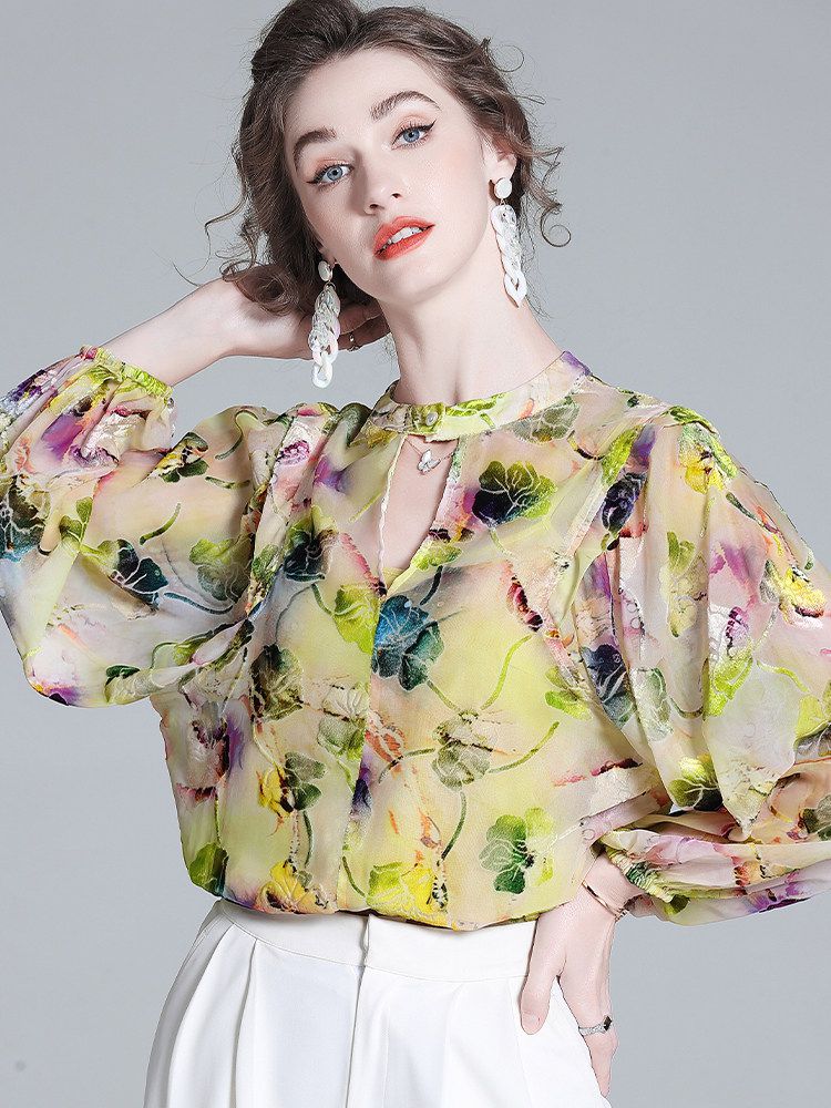 Light Yellow Floral Print Keyhole Neck Long Sleeve Silk Blouse