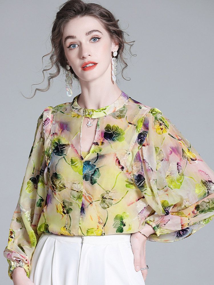 Light Yellow Floral Print Keyhole Neck Long Sleeve Silk Blouse