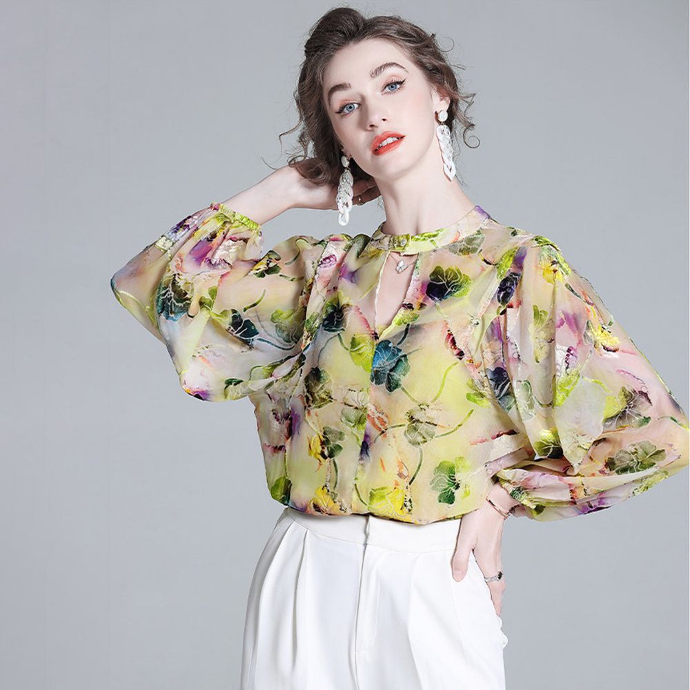 Light Yellow Floral Print Keyhole Neck Long Sleeve Silk Blouse