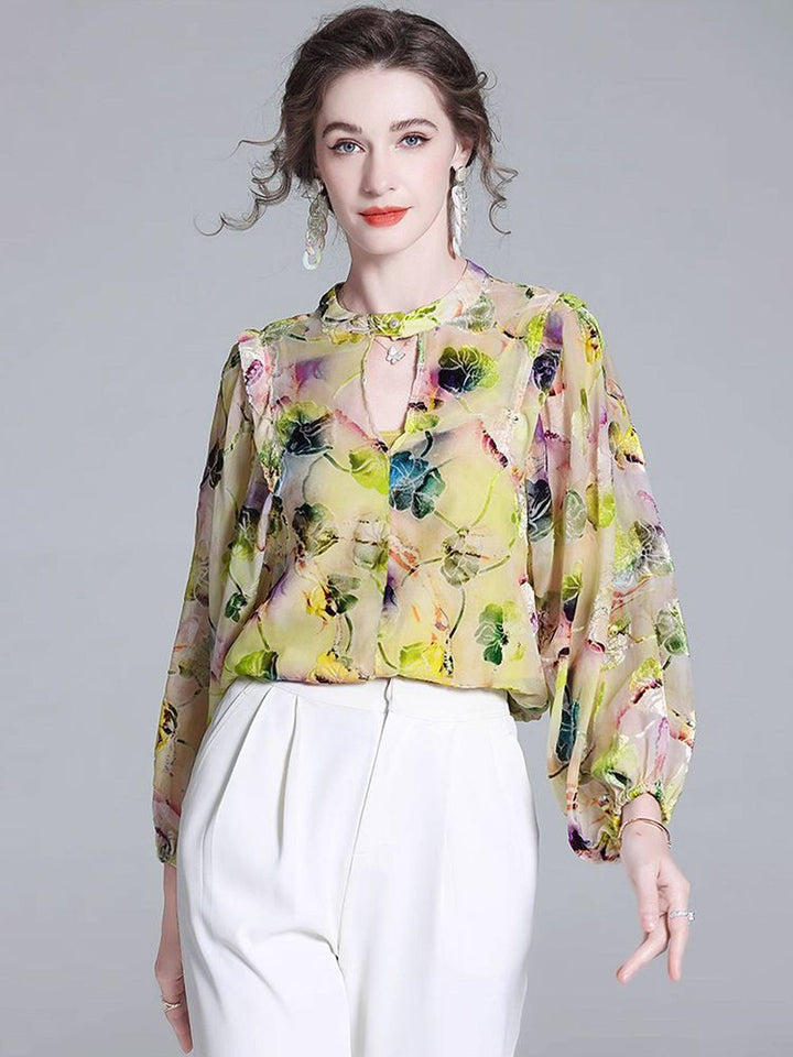 Light Yellow Floral Print Keyhole Neck Long Sleeve Silk Blouse