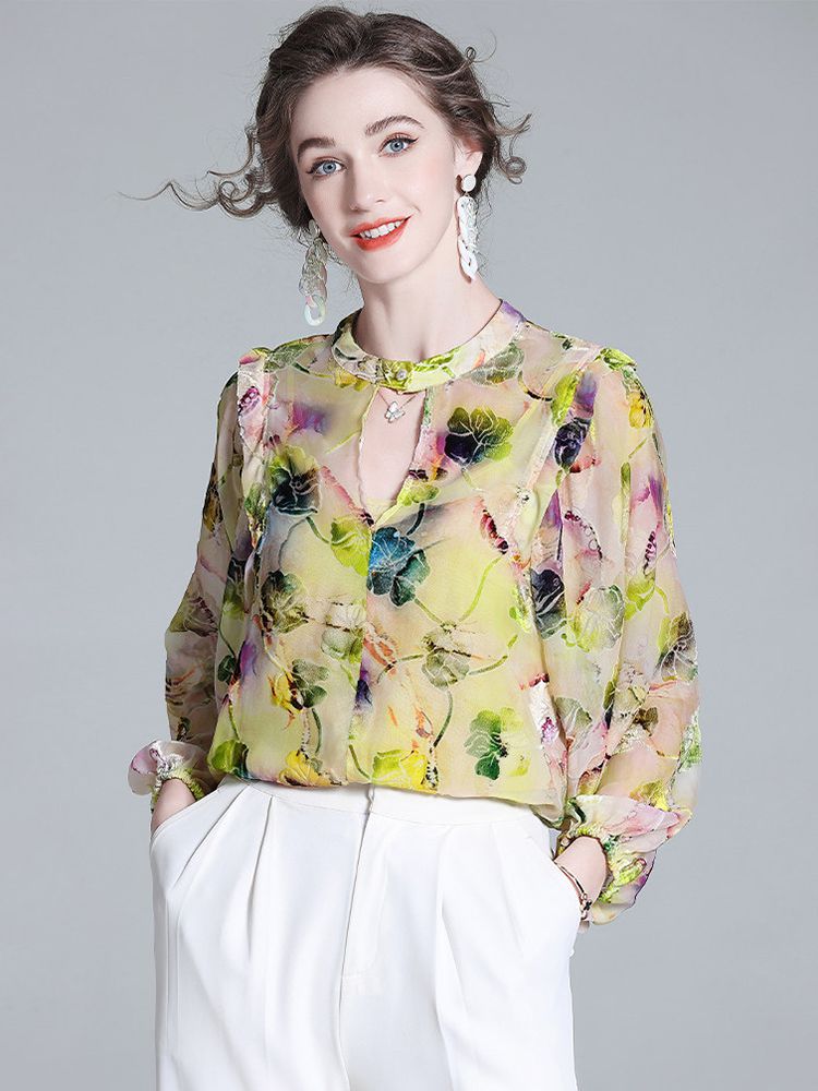 Light Yellow Floral Print Keyhole Neck Long Sleeve Silk Blouse