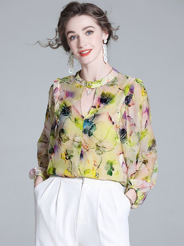 Light Yellow Floral Print Keyhole Neck Long Sleeve Silk Blouse