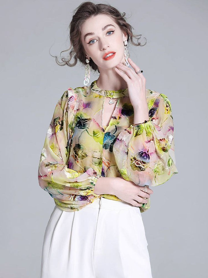 Light Yellow Floral Print Keyhole Neck Long Sleeve Silk Blouse