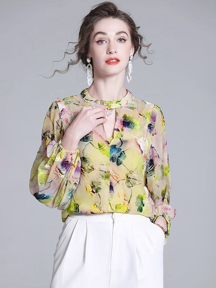 Light Yellow Floral Print Keyhole Neck Long Sleeve Silk Blouse