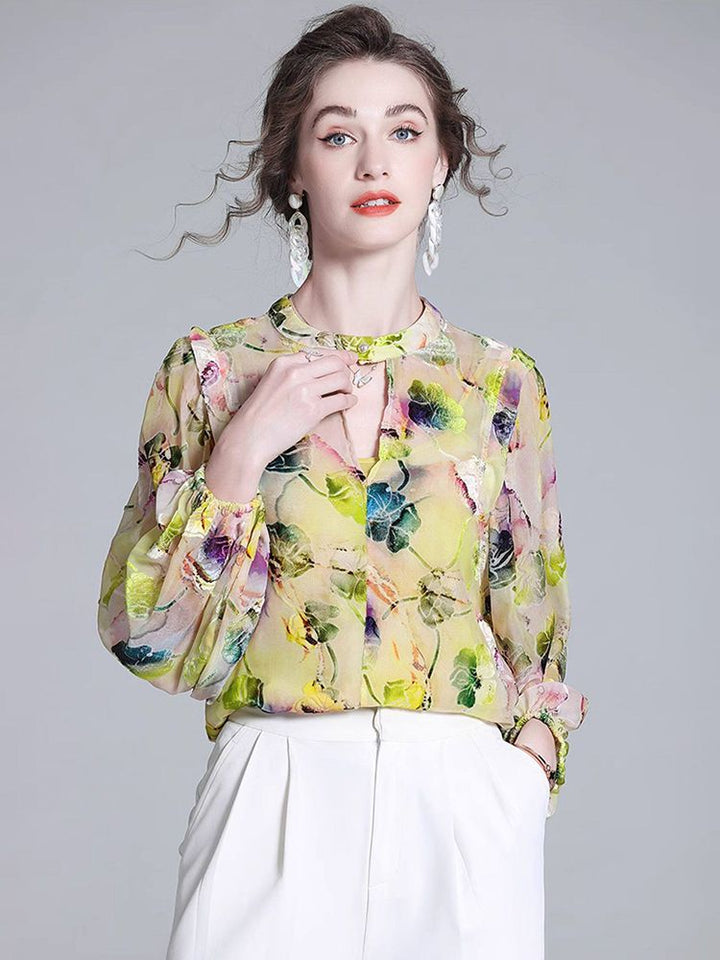 Light Yellow Floral Print Keyhole Neck Long Sleeve Silk Blouse