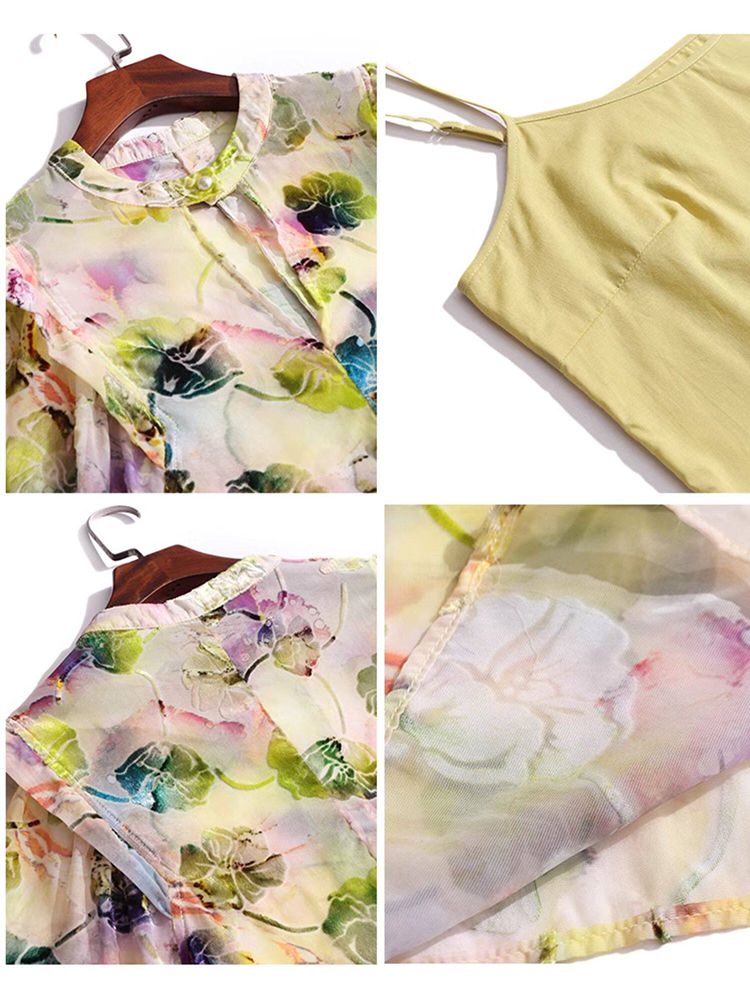 Light Yellow Floral Print Keyhole Neck Long Sleeve Silk Blouse