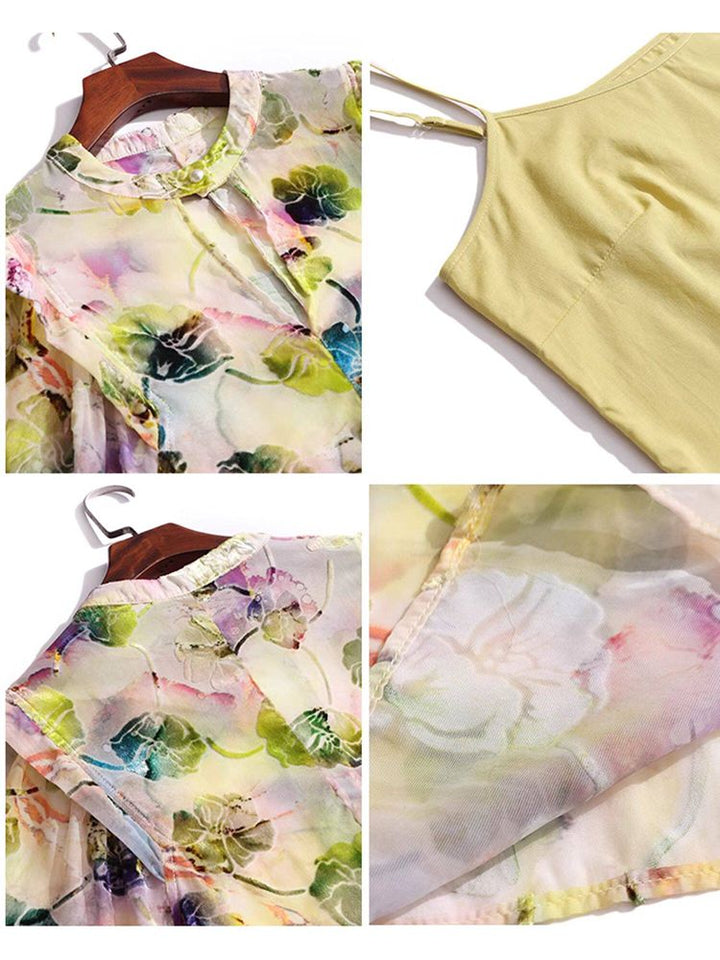 Light Yellow Floral Print Keyhole Neck Long Sleeve Silk Blouse