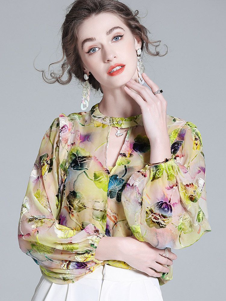 Light Yellow Floral Print Keyhole Neck Long Sleeve Silk Blouse