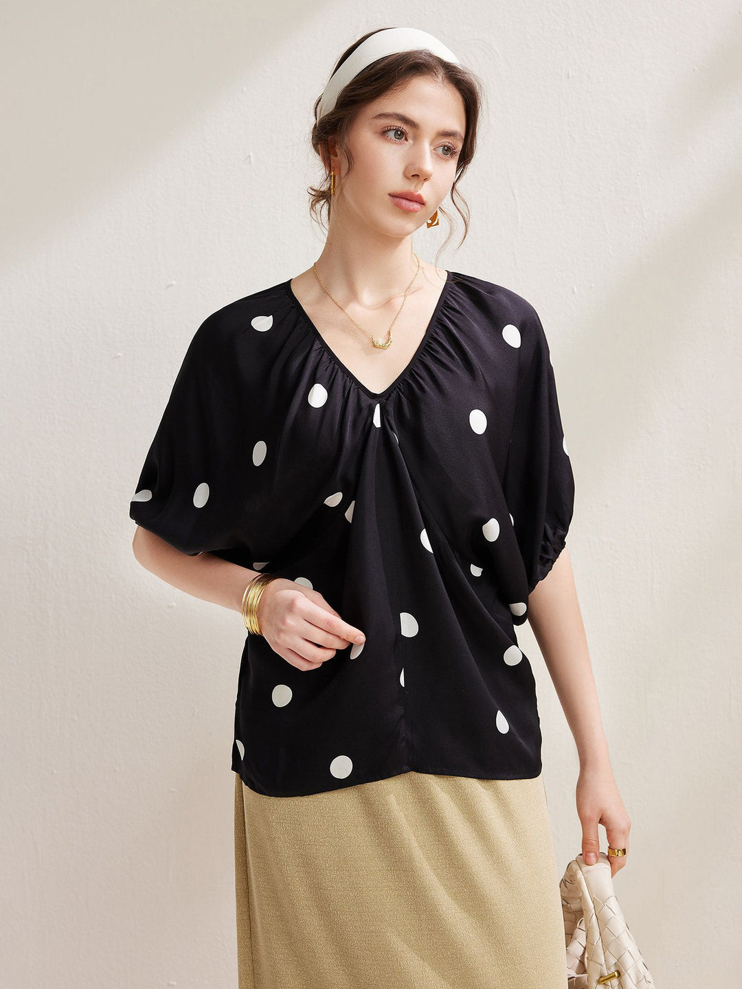 Gathered V-Neck Polka Dot Bawting Sleeve Silk Shirt Short Sleeve Silk Top