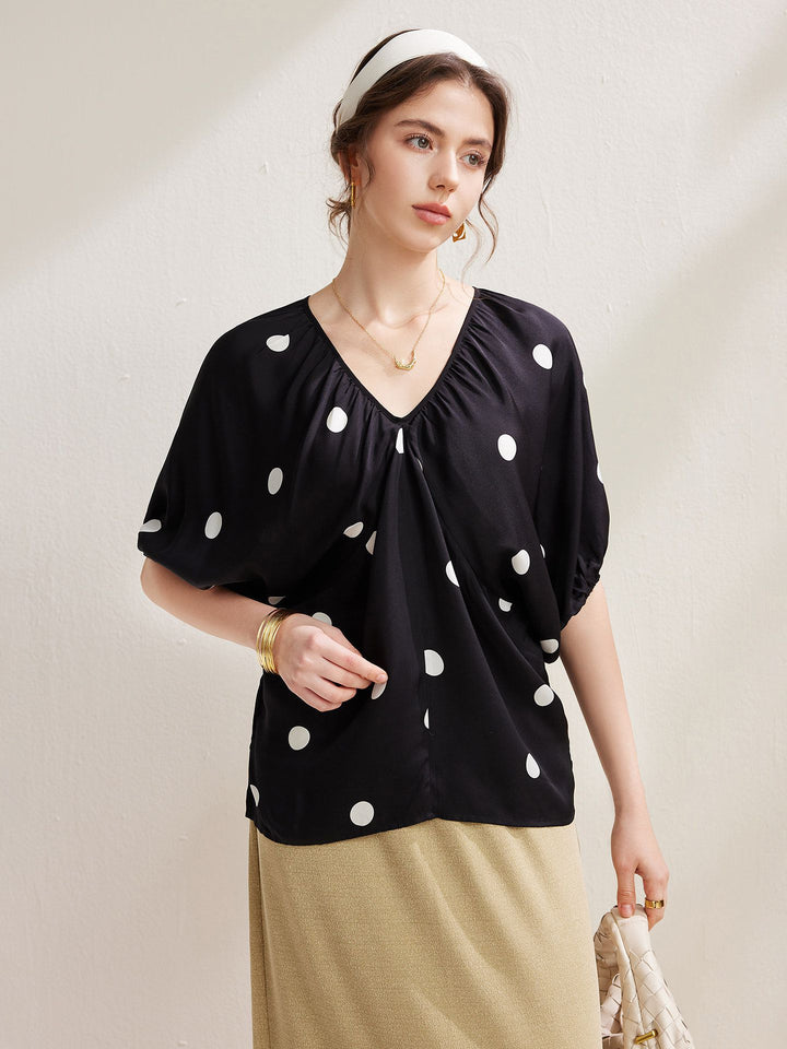 Gathered V-Neck Polka Dot Bawting Sleeve Silk Shirt Short Sleeve Silk Top