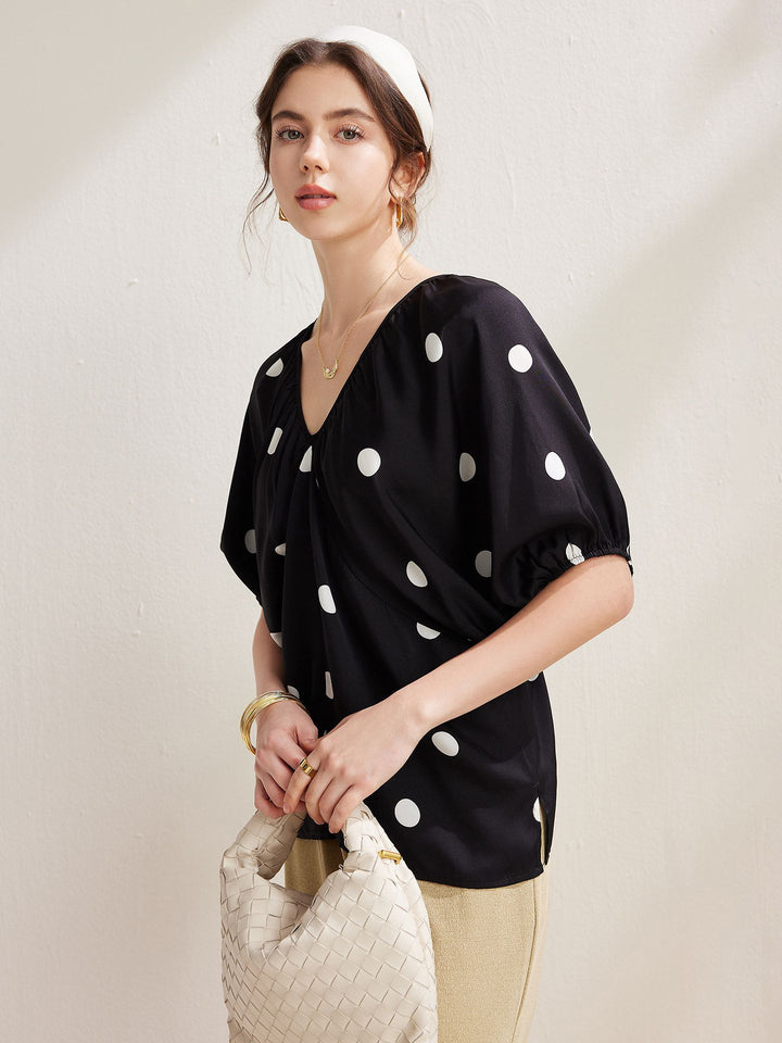 Gathered V-Neck Polka Dot Bawting Sleeve Silk Shirt Short Sleeve Silk Top