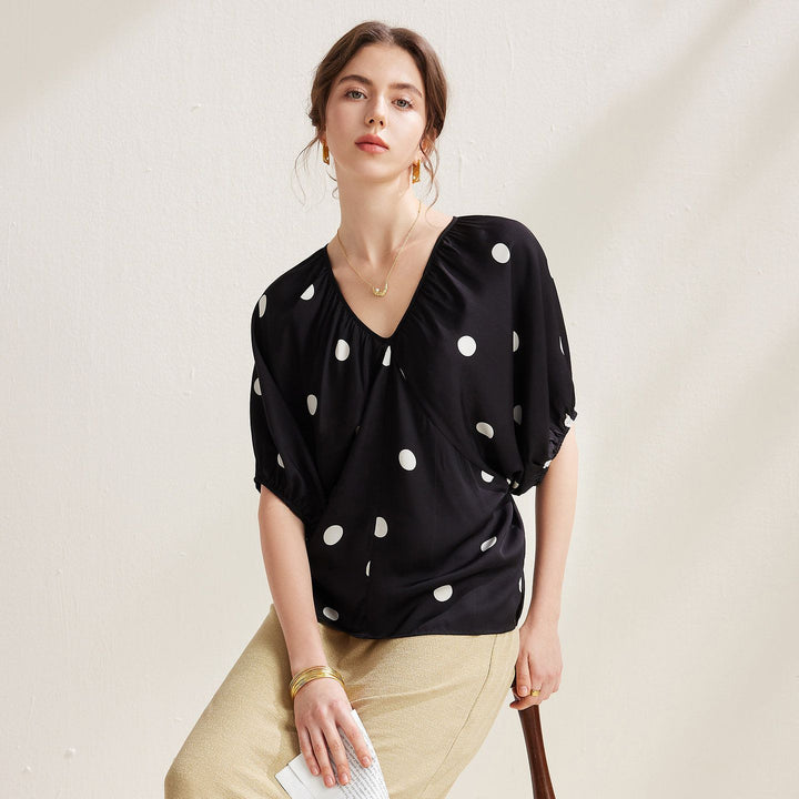 Gathered V-Neck Polka Dot Bawting Sleeve Silk Shirt Short Sleeve Silk Top