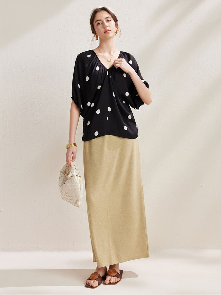 Gathered V-Neck Polka Dot Bawting Sleeve Silk Shirt Short Sleeve Silk Top