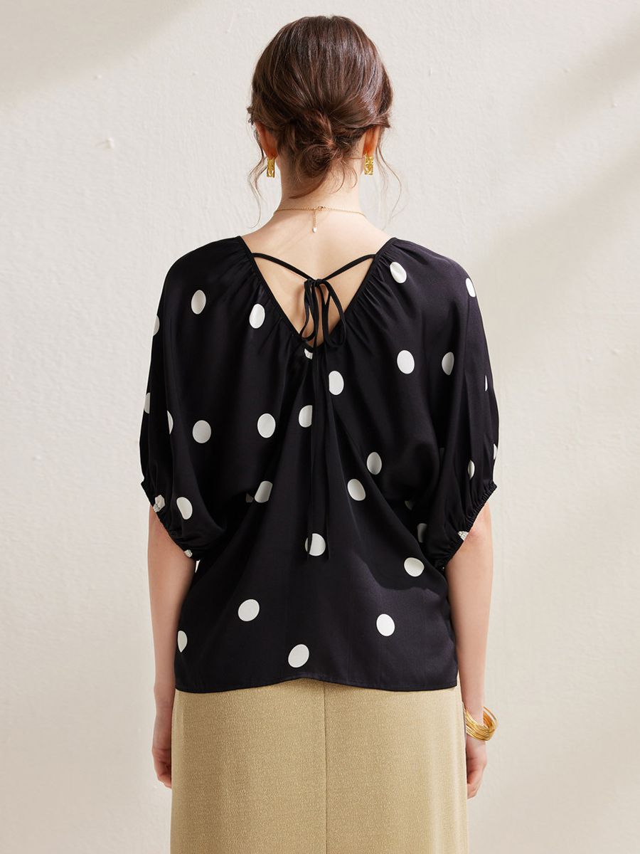 Gathered V-Neck Polka Dot Bawting Sleeve Silk Shirt Short Sleeve Silk Top