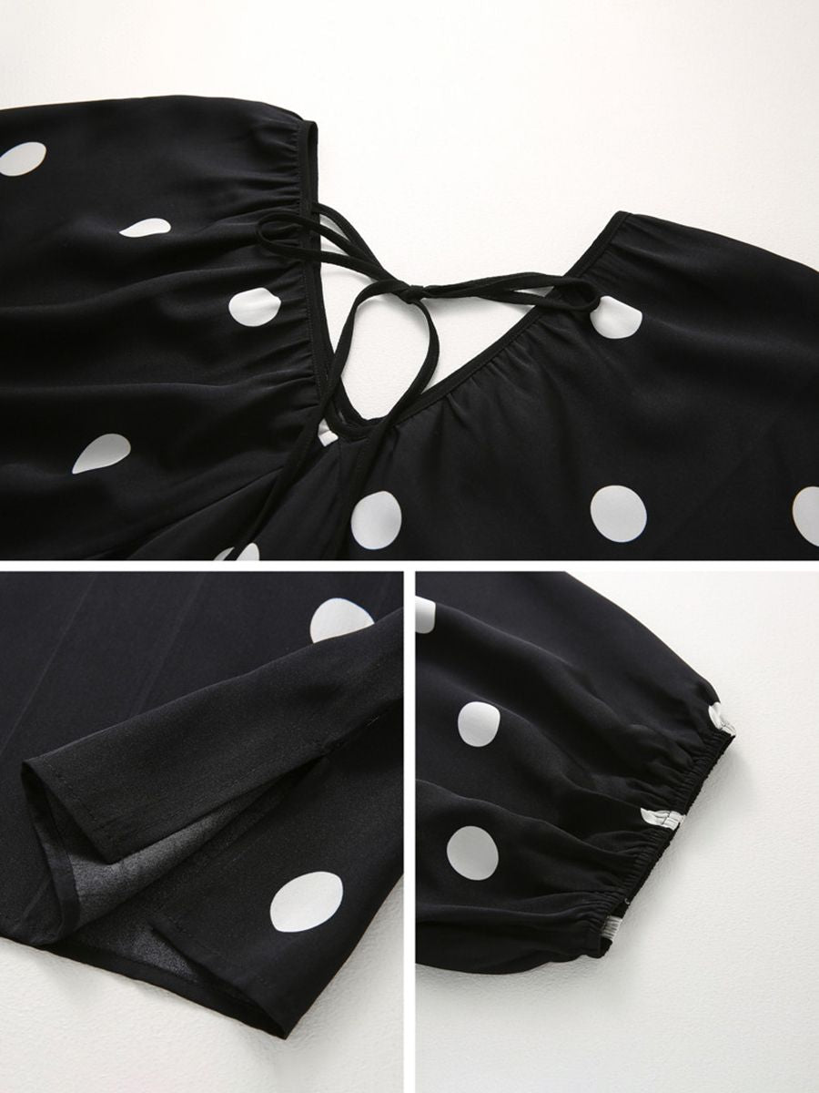 Gathered V-Neck Polka Dot Bawting Sleeve Silk Shirt Short Sleeve Silk Top