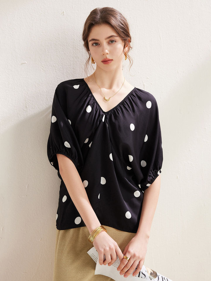 Gathered V-Neck Polka Dot Bawting Sleeve Silk Shirt Short Sleeve Silk Top
