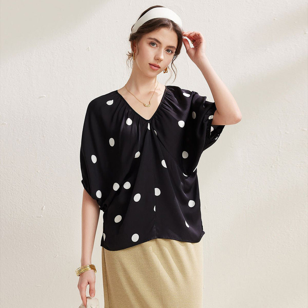 Gathered V-Neck Polka Dot Bawting Sleeve Silk Shirt Short Sleeve Silk Top