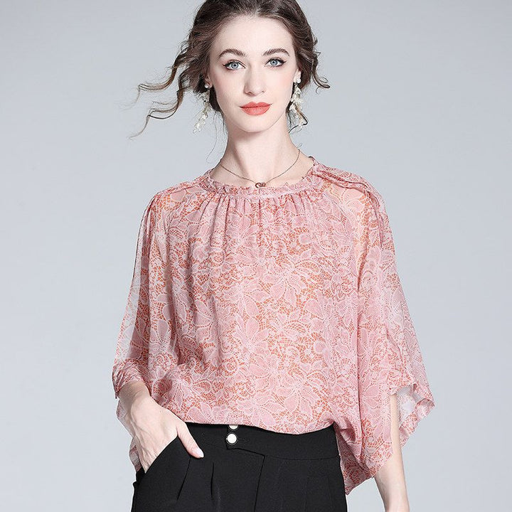 Lace-Print Blush Pink Round Neck Silk Georgette Batwing Blouse