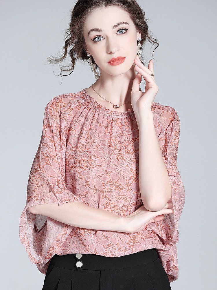 Lace-Print Blush Pink Round Neck Silk Georgette Batwing Blouse