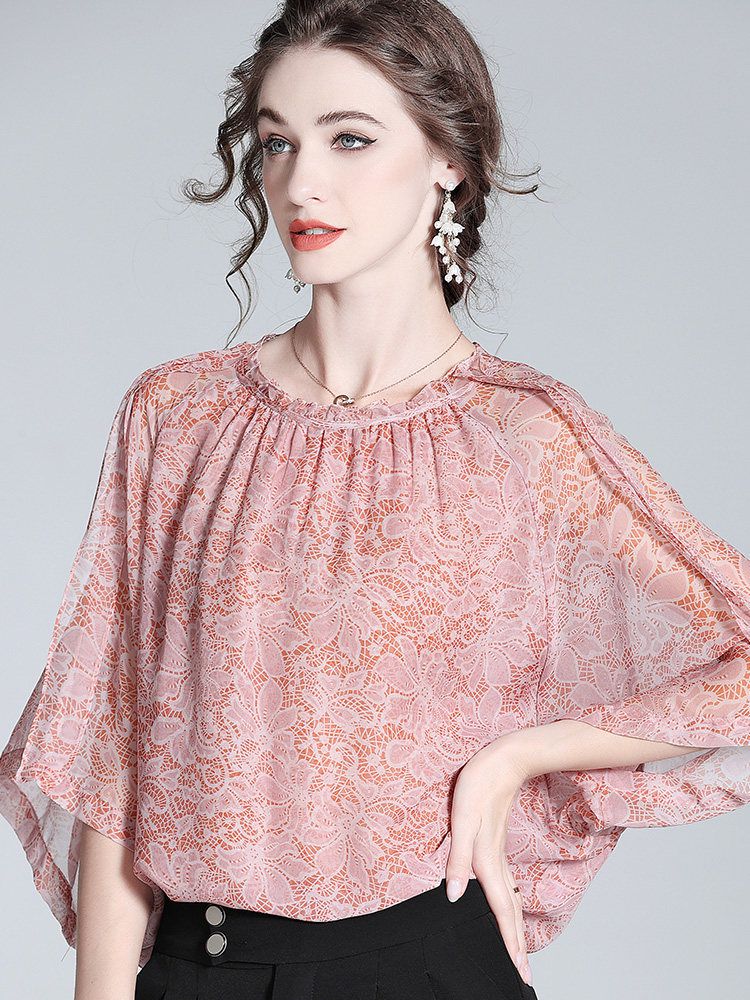 Lace-Print Blush Pink Round Neck Silk Georgette Batwing Blouse