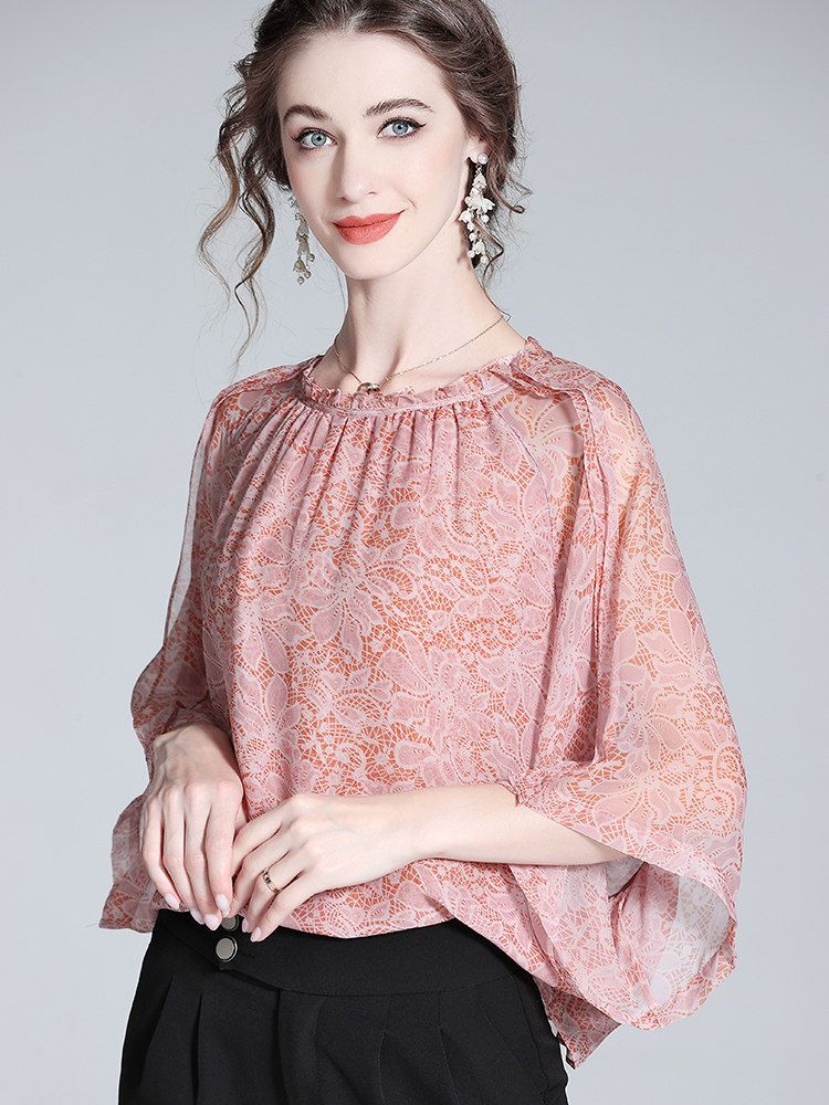 Lace-Print Blush Pink Round Neck Silk Georgette Batwing Blouse