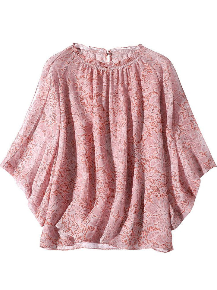 Lace-Print Blush Pink Round Neck Silk Georgette Batwing Blouse