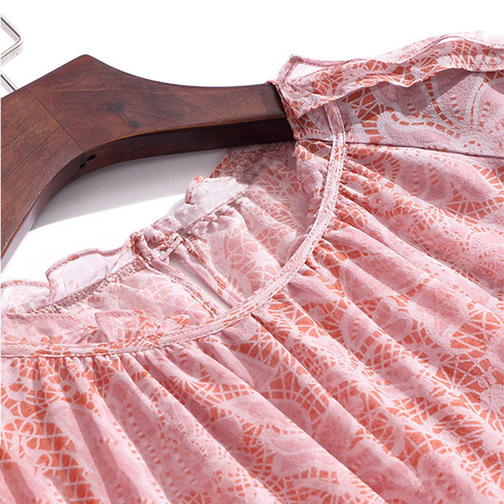 Lace-Print Blush Pink Round Neck Silk Georgette Batwing Blouse