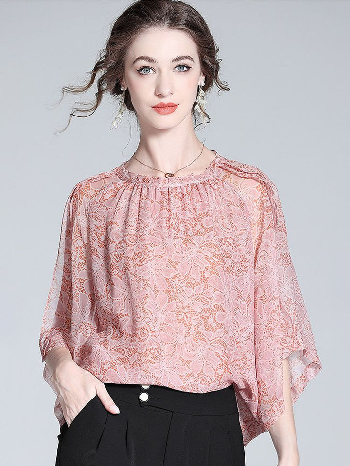 Lace-Print Blush Pink Round Neck Silk Georgette Batwing Blouse