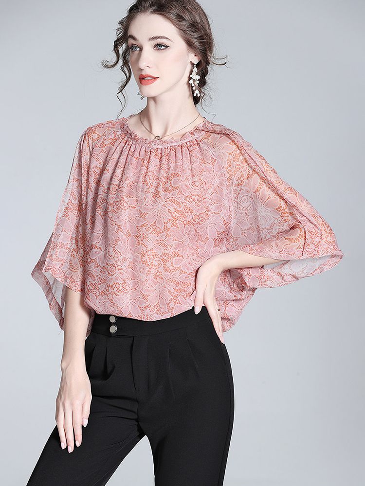 Lace-Print Blush Pink Round Neck Silk Georgette Batwing Blouse