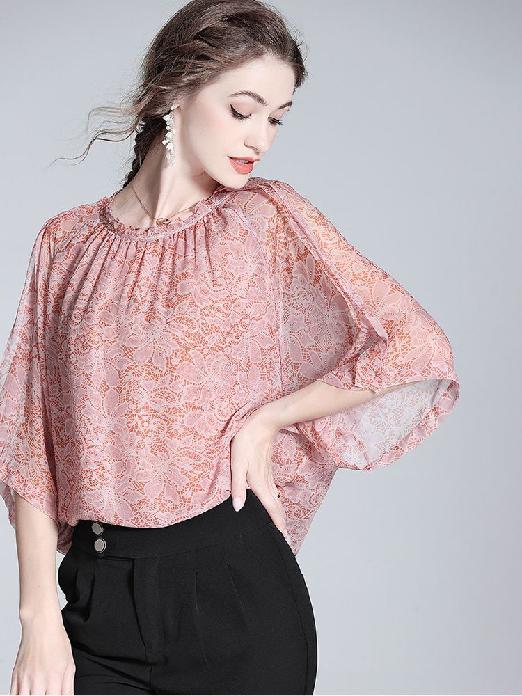 Lace-Print Blush Pink Round Neck Silk Georgette Batwing Blouse