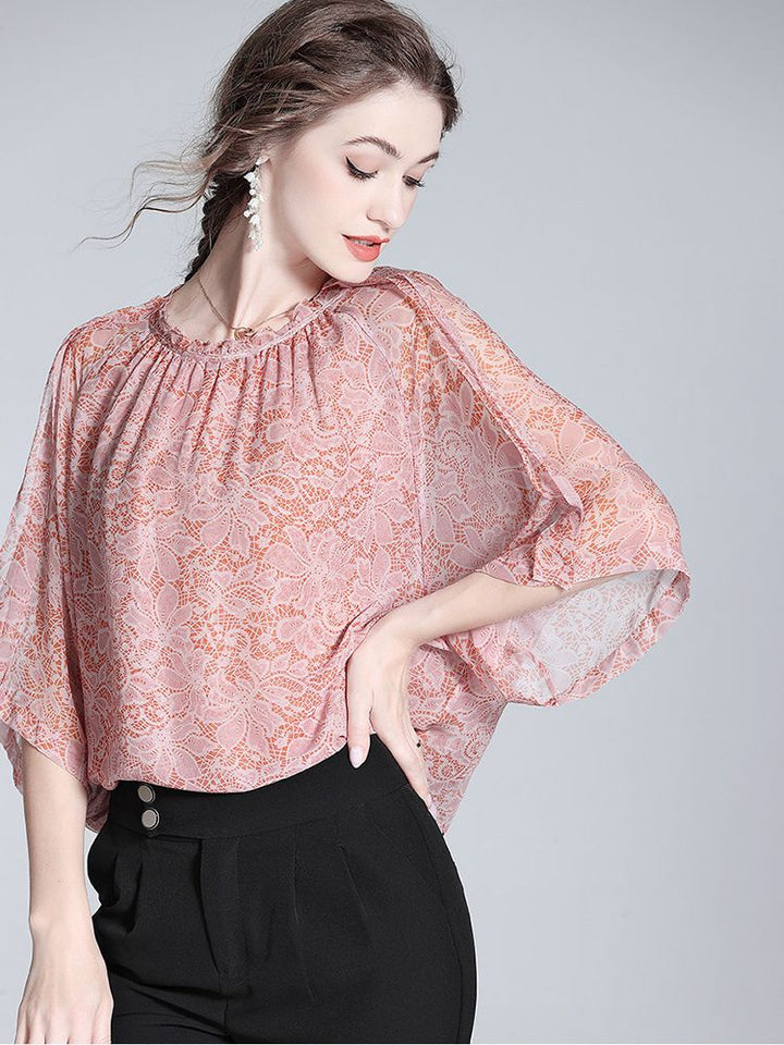 Lace-Print Blush Pink Round Neck Silk Georgette Batwing Blouse