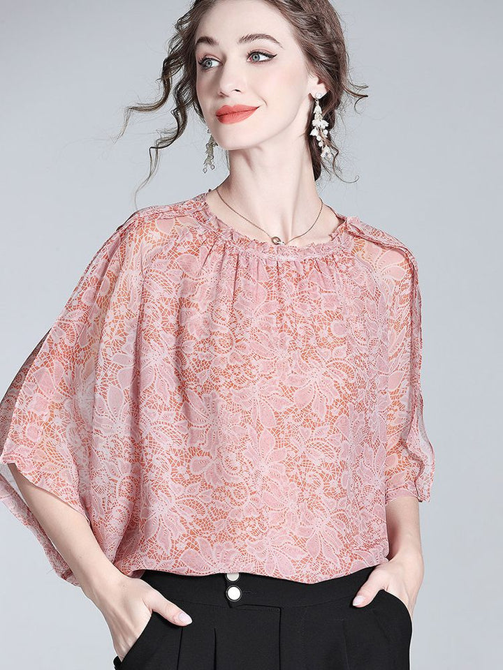 Lace-Print Blush Pink Round Neck Silk Georgette Batwing Blouse