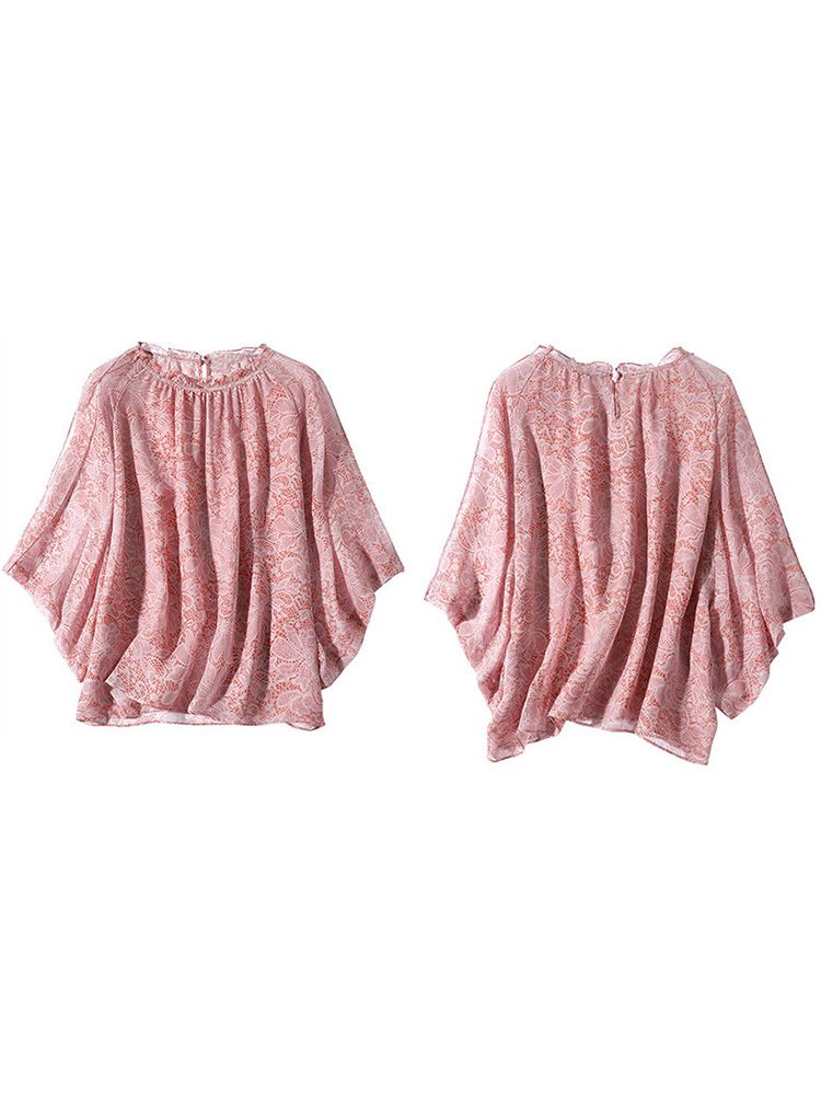 Lace-Print Blush Pink Round Neck Silk Georgette Batwing Blouse