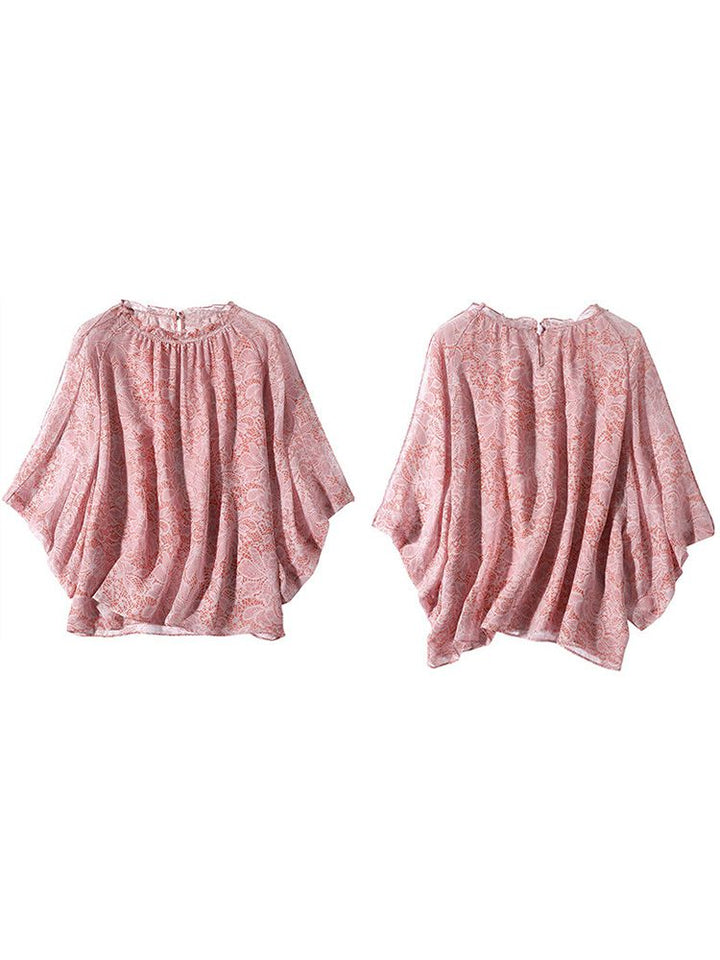 Lace-Print Blush Pink Round Neck Silk Georgette Batwing Blouse
