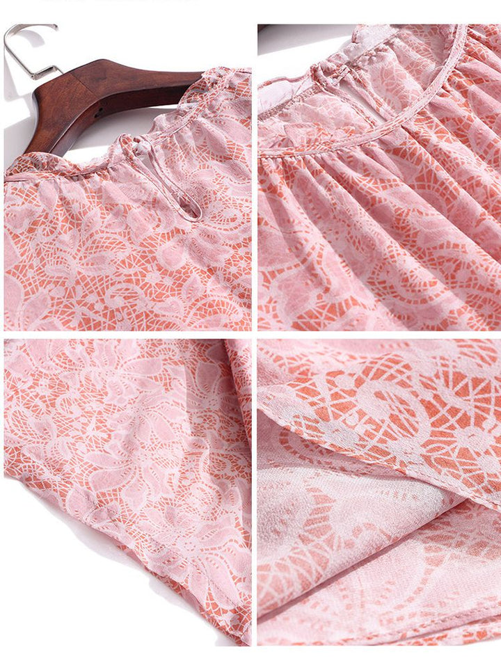 Lace-Print Blush Pink Round Neck Silk Georgette Batwing Blouse