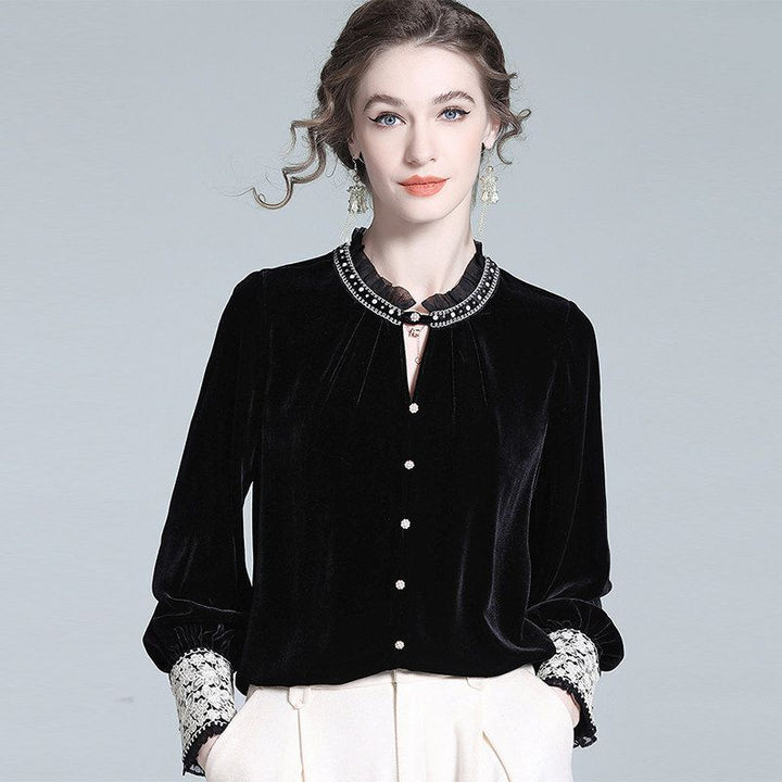 Victorian Ruffle Neck Lace Trim Long Sleeve Black Silk Velvet Blouse