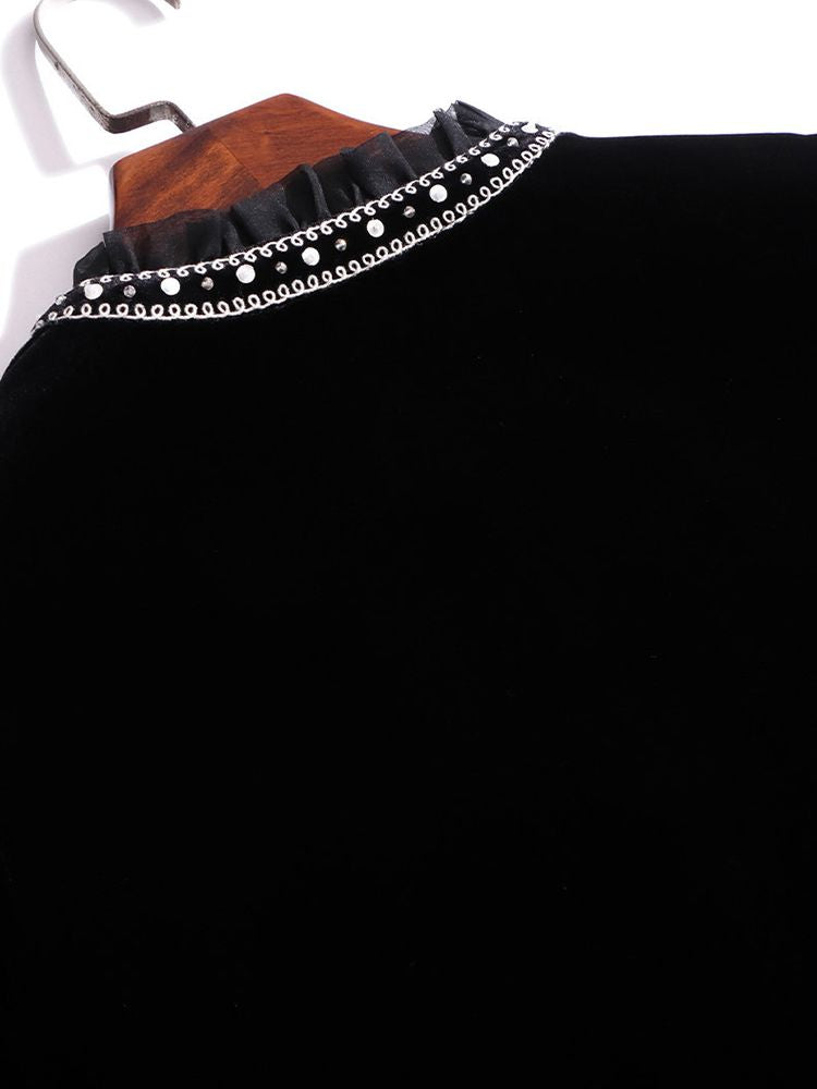 Victorian Ruffle Neck Lace Trim Long Sleeve Black Silk Velvet Blouse