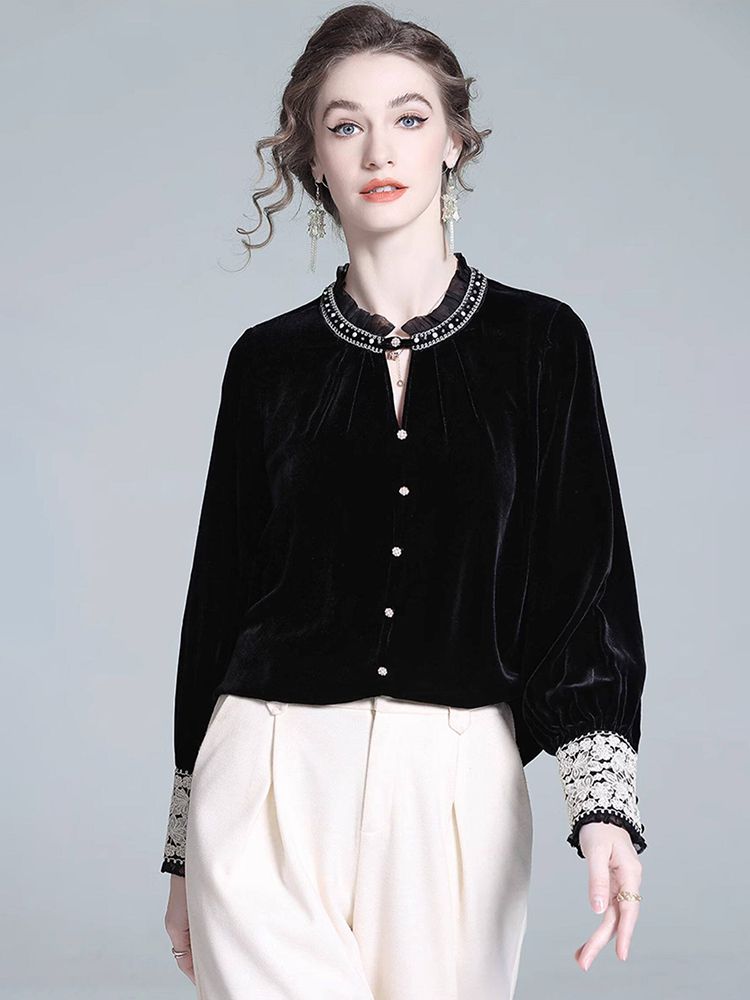 Victorian Ruffle Neck Lace Trim Long Sleeve Black Silk Velvet Blouse