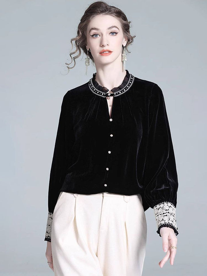 Victorian Ruffle Neck Lace Trim Long Sleeve Black Silk Velvet Blouse
