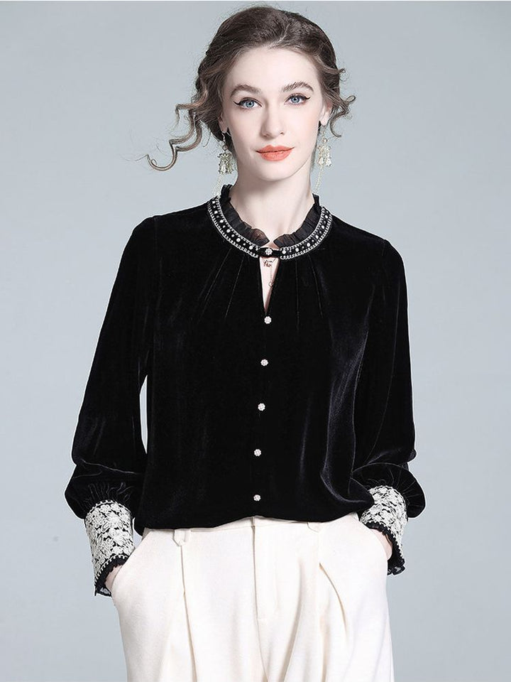 Victorian Ruffle Neck Lace Trim Long Sleeve Black Silk Velvet Blouse