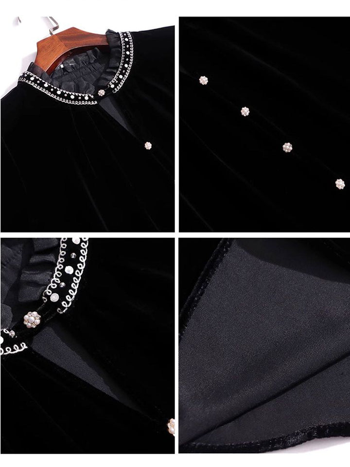 Victorian Ruffle Neck Lace Trim Long Sleeve Black Silk Velvet Blouse