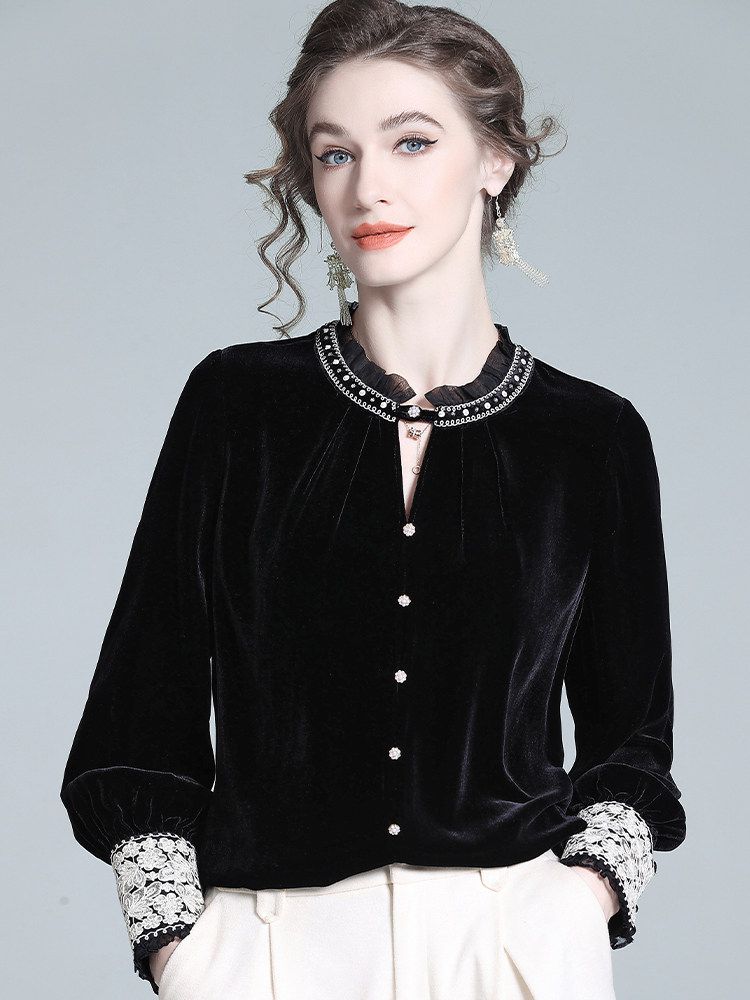 Victorian Ruffle Neck Lace Trim Long Sleeve Black Silk Velvet Blouse