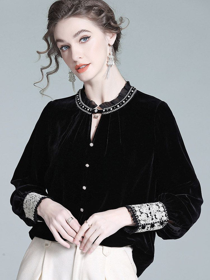 Victorian Ruffle Neck Lace Trim Long Sleeve Black Silk Velvet Blouse