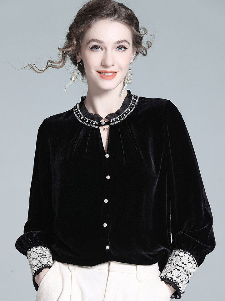Victorian Ruffle Neck Lace Trim Long Sleeve Black Silk Velvet Blouse
