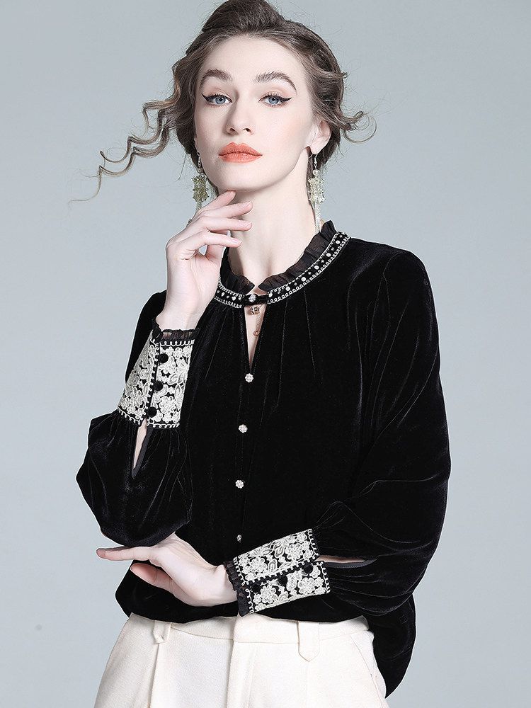 Victorian Ruffle Neck Lace Trim Long Sleeve Black Silk Velvet Blouse