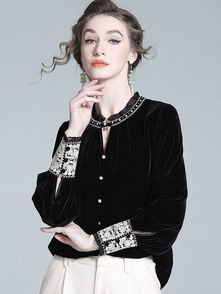 Victorian Ruffle Neck Lace Trim Long Sleeve Black Silk Velvet Blouse