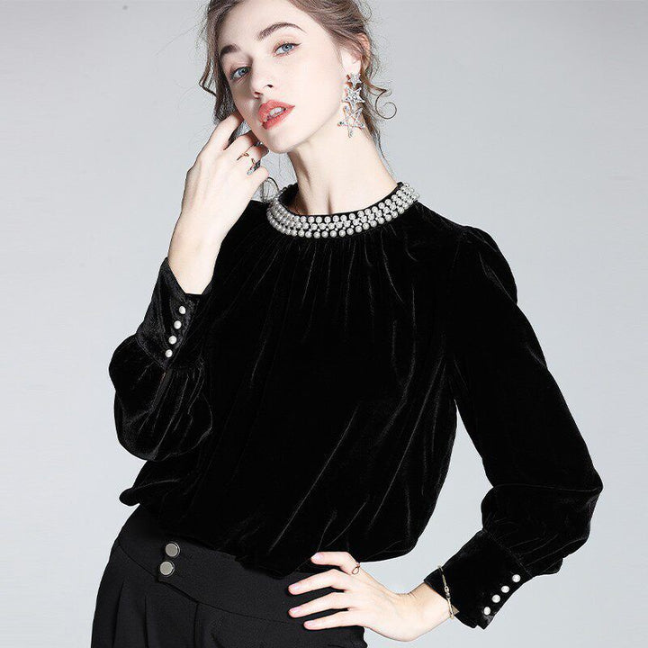 Imperial Pearl Neckline Black Long Sleeve Silk Velvet Blouse