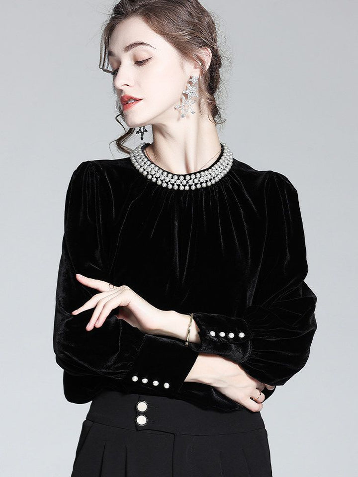Imperial Pearl Neckline Black Long Sleeve Silk Velvet Blouse