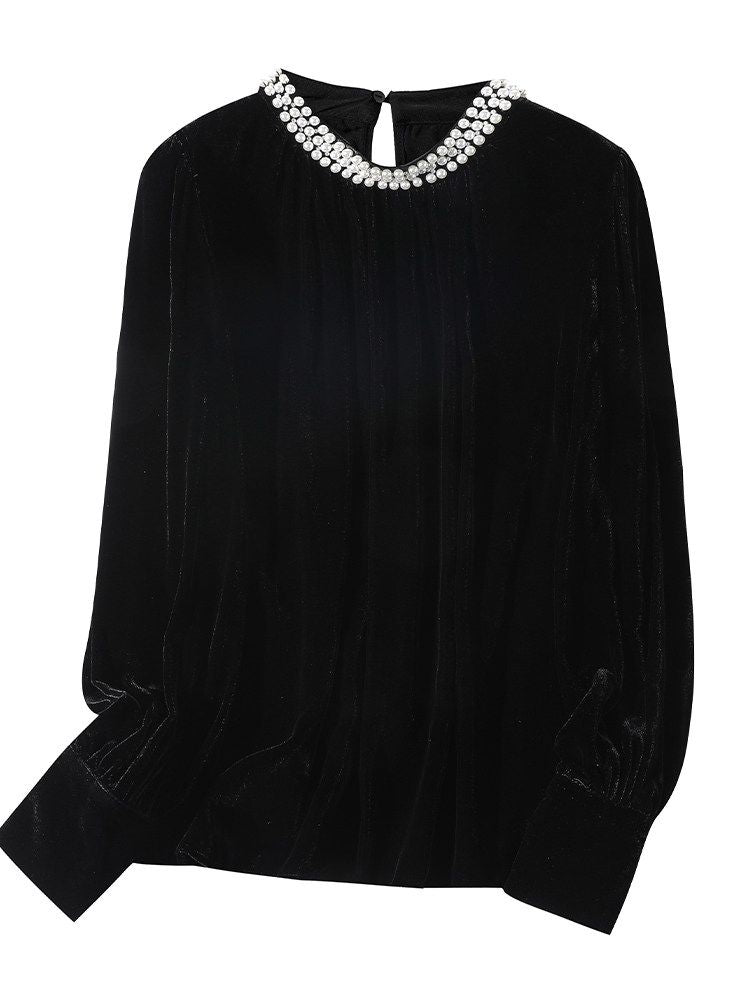 Imperial Pearl Neckline Black Long Sleeve Silk Velvet Blouse